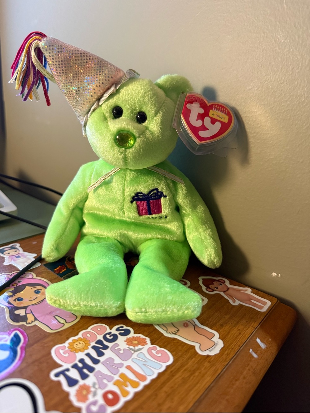 Ty Lime Green Party Bear Plush with Iridescent Hat